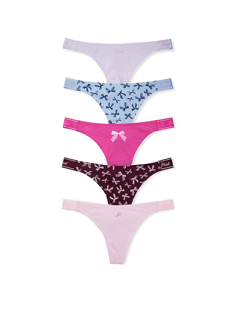 PINK 5-Pack Logo Cotton High-Leg Thong Panties, Heritage Bows Pack, offModelFront, 1 of 1