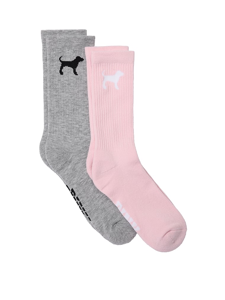 PINK 2-Pack Crew Socks, Medium Heather Grey/Dollhouse Dog, offModelFront, 1 of 2