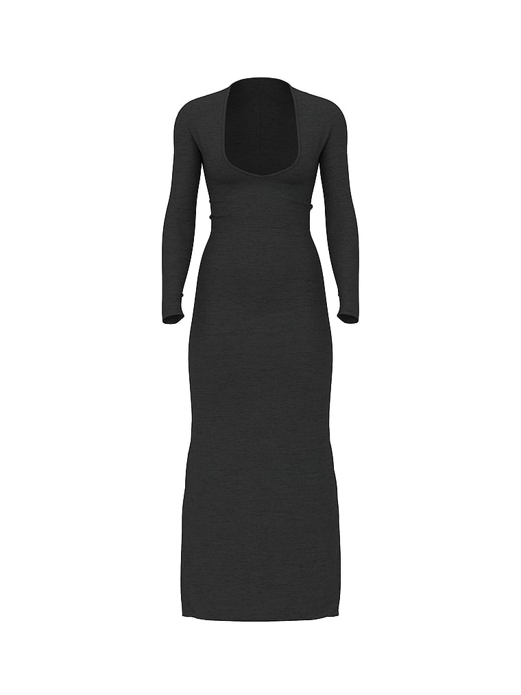 Victoria's Secret, Victoria's Secret SoSoft™ Modal Ribbed Deep-V Long-Sleeve Maxi Dress, Heather Characol Grey, offModelFront, 3 of 4