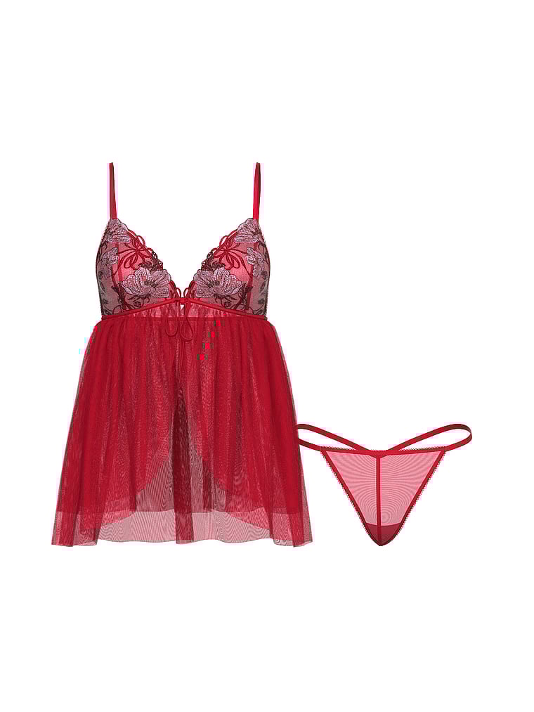 Victoria's Secret, Dream Angels Beautiful Bows Embroidery Tulle Babydoll Set, Beautiful Bows Red, offModelFront, 3 of 3