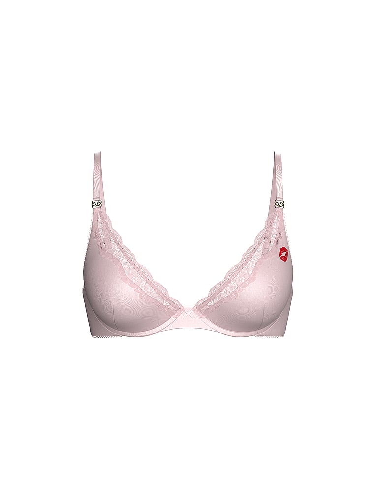 Victoria's Secret, Victoria's Secret Tease Lightly Lined Satin Kiss Plunge Bra, Angel Pink, offModelFront, 3 of 3