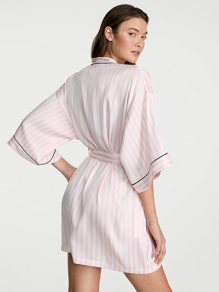 Victoria's Secret, Victoria's Secret Signature Satin Short Piped Robe, Pretty Blossom Iconic Stripes, onModelBack, 2 of 4 Kennidy is 5'11" and wears Small