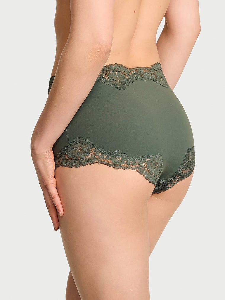 Victoria's Secret, Dream Angels Lace-Trim Boyshort Panty, Faded Sage, onModelBack, 2 of 3 Lotta is 5'10" and wears Small