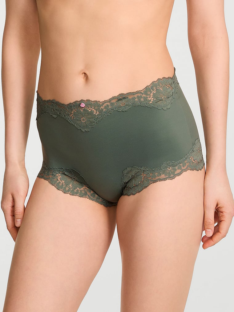 Victoria's Secret, Dream Angels Lace-Trim Boyshort Panty, Faded Sage, onModelFront, 1 of 3 Lotta is 5'10" and wears Small
