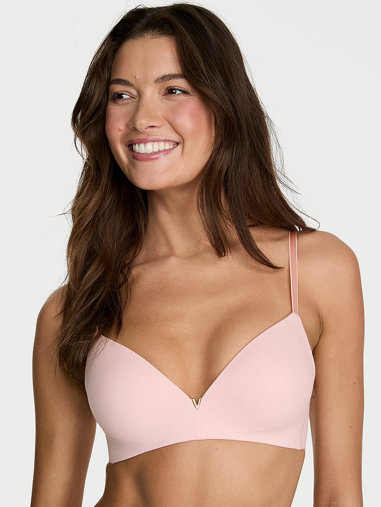 Victoria's Secret, Love Cloud Wireless Push-Up Bra, Purest Pink, onModelFront, 1 of 3 Kennidy is 5'11" or 180cm and wears 34B or Small