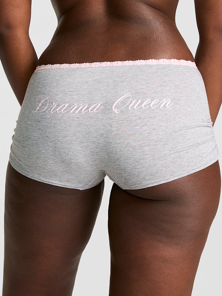 PINK Cotton Dorm Boyshort Panty, Medium Heather Grey Pink Tulip Lace "Drama Queen", onModelFront, 1 of 4 Fanta is 5'11" and wears Large