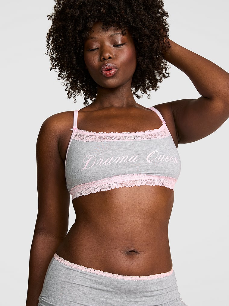 PINK Cotton Lace-Trim Scoop Bralette, Medium Heather Grey Spring, onModelFront, 1 of 5 Fanta is 5'11" or 180cm and wears 34D or Medium