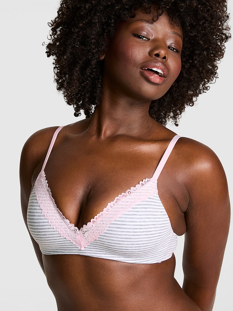 PINK Wear Everywhere Wear Everywhere Lightly Lined Wireless Bra, Meadium Heather Grey Stripe, onModelFront, 1 of 3 Fanta is 5'11" and wears 34D or Medium