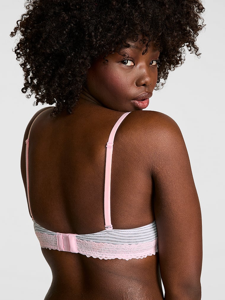PINK Wear Everywhere Wear Everywhere™ Lightly Lined Full Coverage T-Shirt Bra, Medium Heather Grey Stripe, onModelBack, 2 of 3 Fanta is 5'11" and wears 34D or Medium