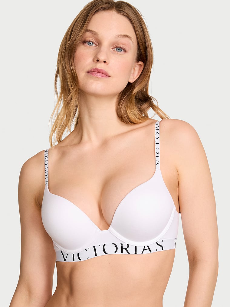 Victoria's Secret, The T-shirt Bombshell Add-2-Cups Cotton Exploded Logo Push-Up Bra, VS White, onModelFront, 1 of 3 Lotta is 5'10" or 178cm and wears 34B or Small