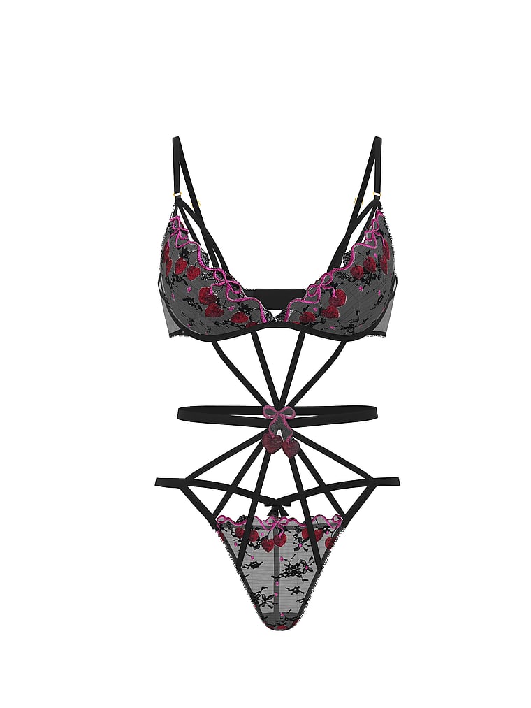 Victoria's Secret, Very Sexy Cherry Pop Embroidery Strappy Teddy, Black Cherry Pop, offModelFront, 3 of 3