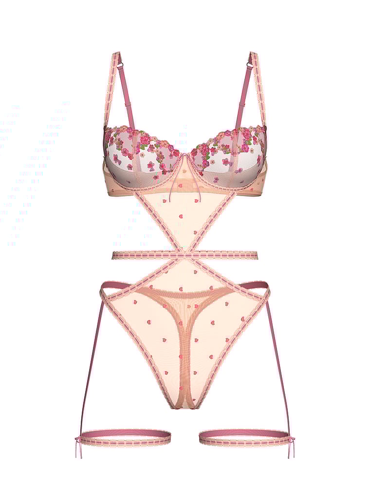 Wicked Unlined Hearts & Roses Embroidery Garter Teddy