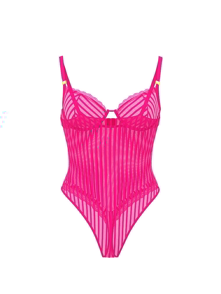 Victoria's Secret, Victoria's Secret Tease Sheer Stripe Lace-Trim Cupped Bodysuit, Enchanted Pink, offModelFront, 4 of 5