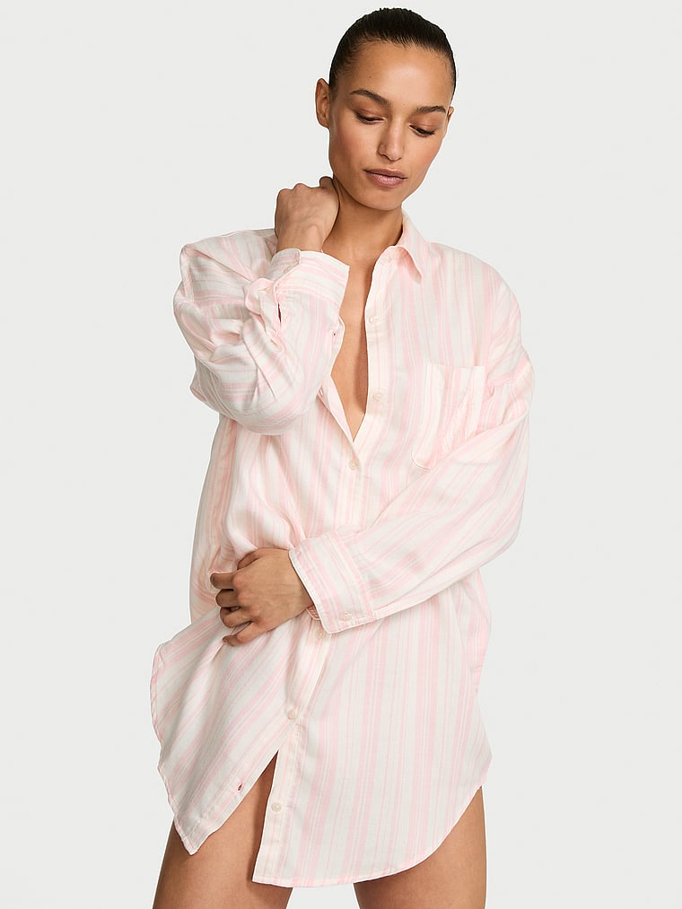 Victoria's Secret, Victoria's Secret Modal-Cotton Button-Front Sleepshirt, onModelFront, 1 of 4