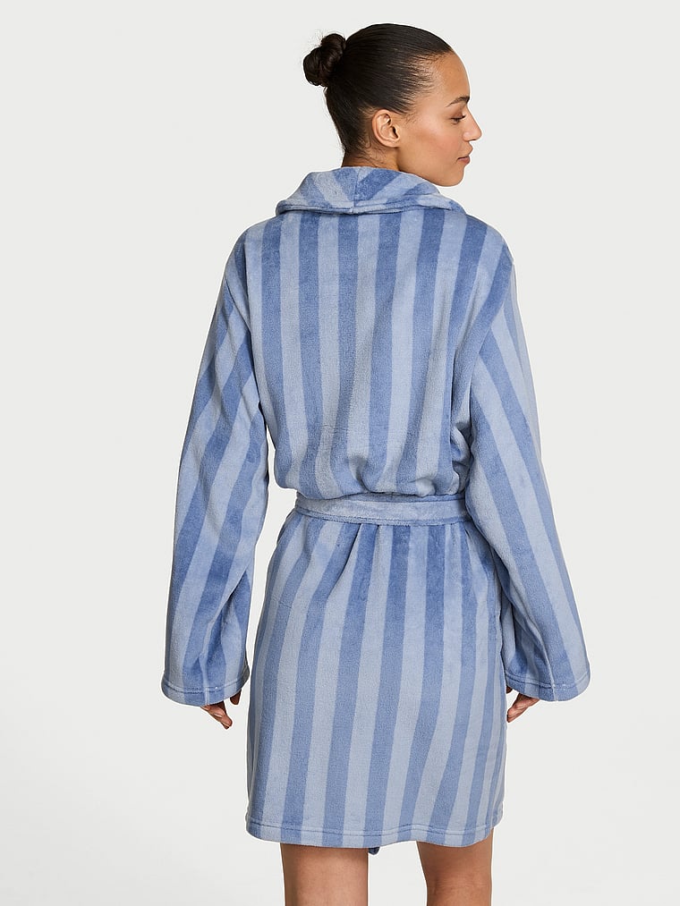 Victoria's Secret, Victoria's Secret Cozy Plush Robe, Thunder Blue Stripes, onModelBack, 2 of 3 Nikita  is 5'10" or 178cm and wears Small