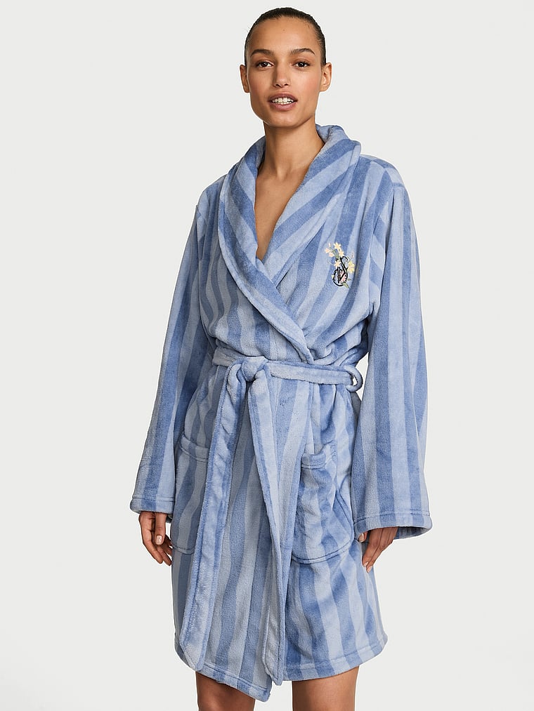 Victoria's Secret, Victoria's Secret Cozy Plush Robe, Thunder Blue Stripes, onModelFront, 1 of 3 Nikita  is 5'10" or 178cm and wears Small