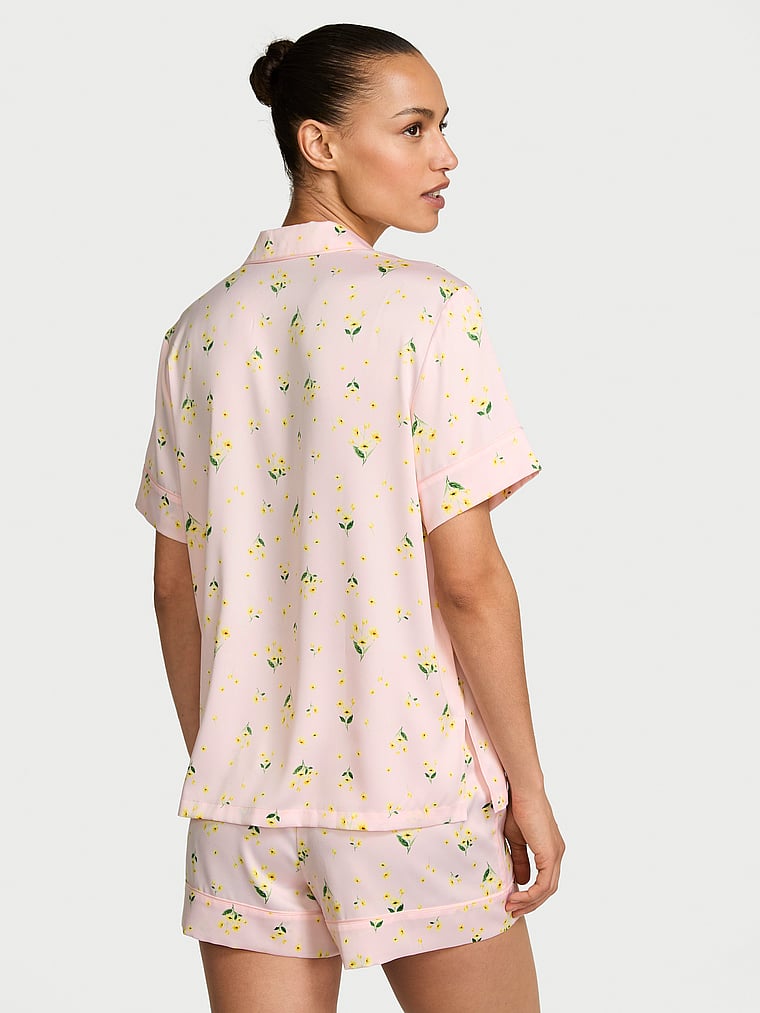 Victoria's Secret, Victoria's Secret Signature Satin Short Pajama Set, Sheer Blush Floral, onModelBack, 2 of 5 Nikita  is 5'10" and wears S/Long