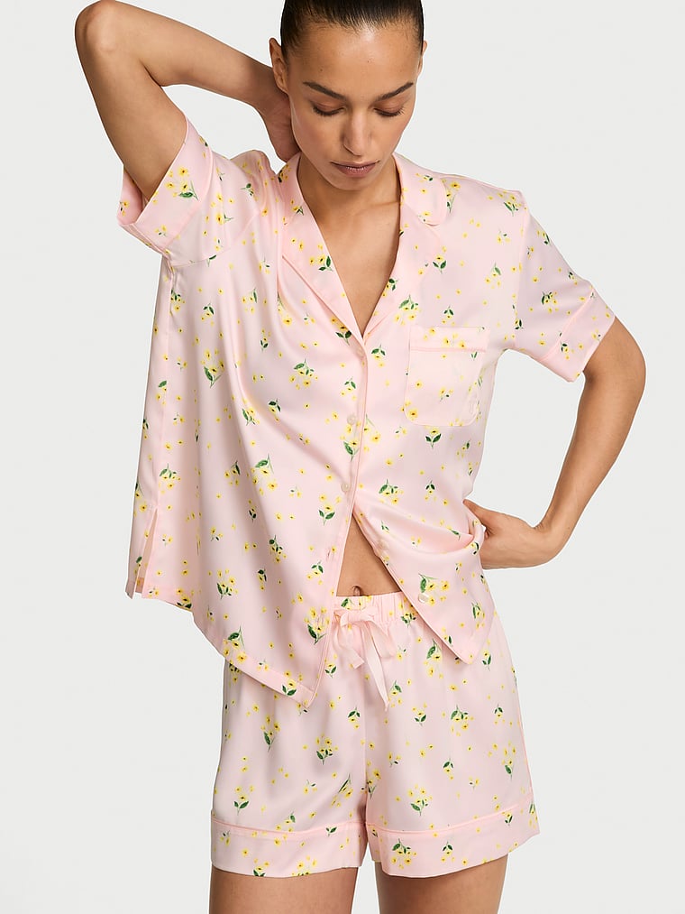 Victoria's Secret, Victoria's Secret Signature Satin Short Pajama Set, Sheer Blush Floral, onModelFront, 1 of 5 Nikita  is 5'10" and wears S/Long