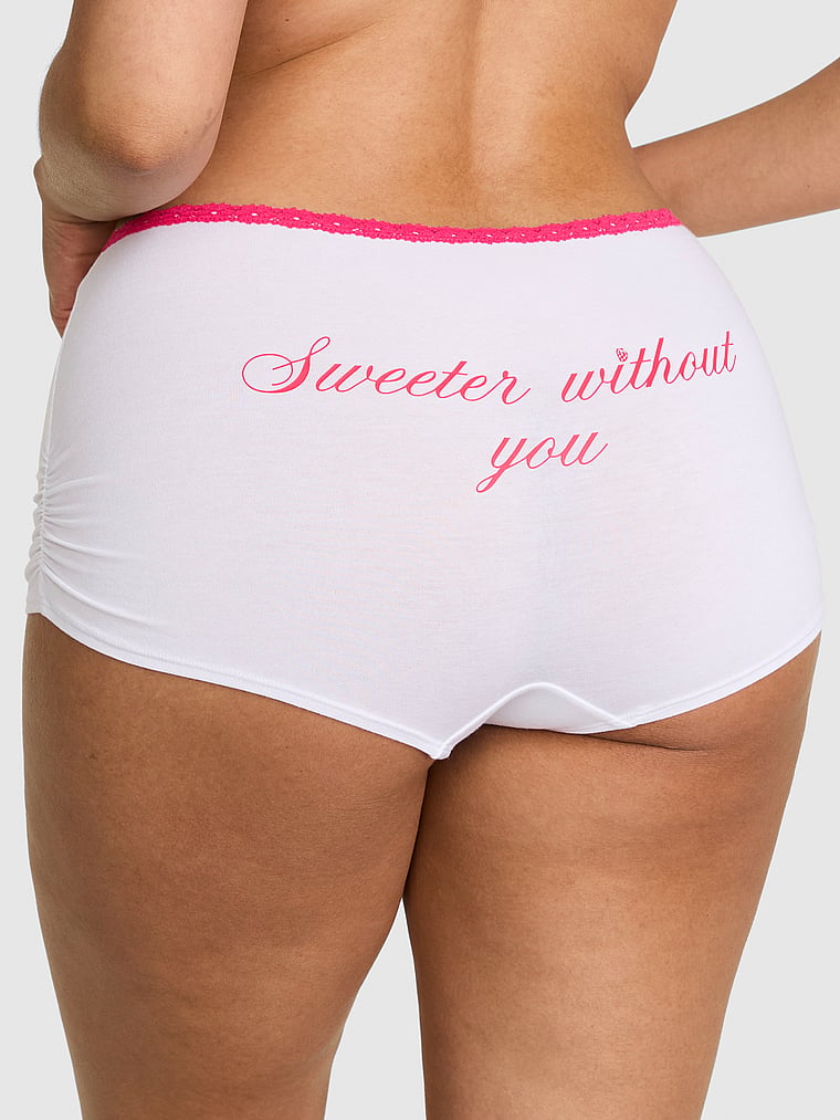 PINK Cotton Dorm Boyshort Panty, White "Sweeter Without You", onModelFront, 1 of 3 Breanna is 5'8" or 173cm and wears Large