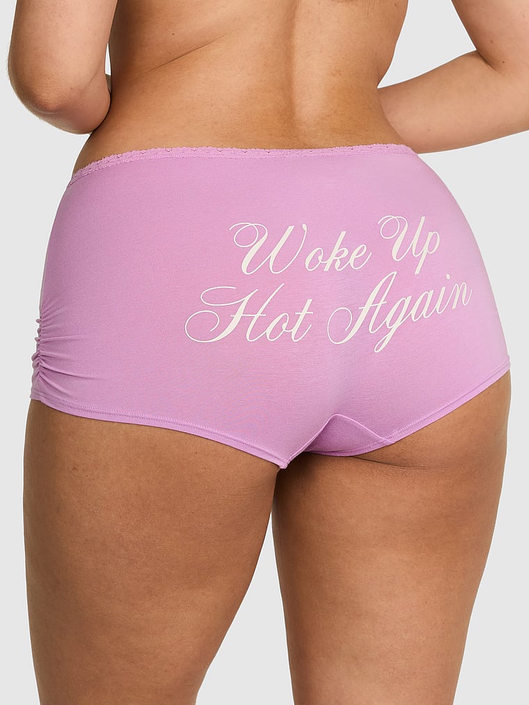 PINK Cotton Dorm Boyshort Panty, Light Lilac "Woke Up Hot Again", onModelFront, 1 of 3 Breanna is 5'8" or 173cm and wears Large