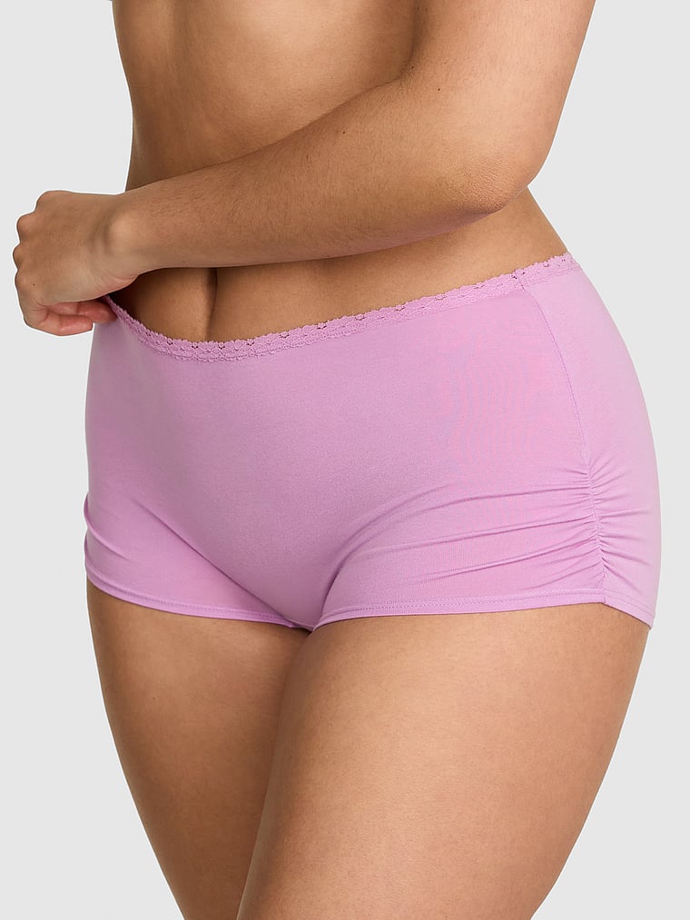 PINK Cotton Dorm Boyshort Panty, Light Lilac "Woke Up Hot Again", onModelBack, 2 of 3 Breanna is 5'8" or 173cm and wears Large