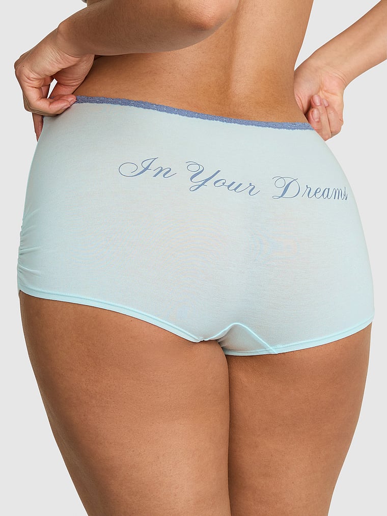 PINK Cotton Dorm Boyshort Panty, Spray Blue with In Your Dreams Butt Graphic, onModelFront, 1 of 3 Breanna is 5'8" or 173cm and wears Large