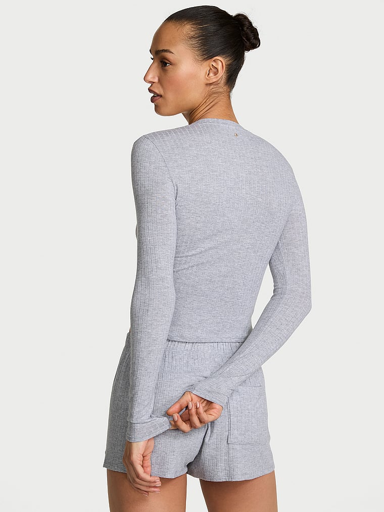 Victoria's Secret, Victoria's Secret SoSoft™ Modal Wide-Rib Long-Sleeve Henley & Shorts Set, Medium Heather Grey, onModelBack, 2 of 4 Nikita  is 5'10" and wears S/Long