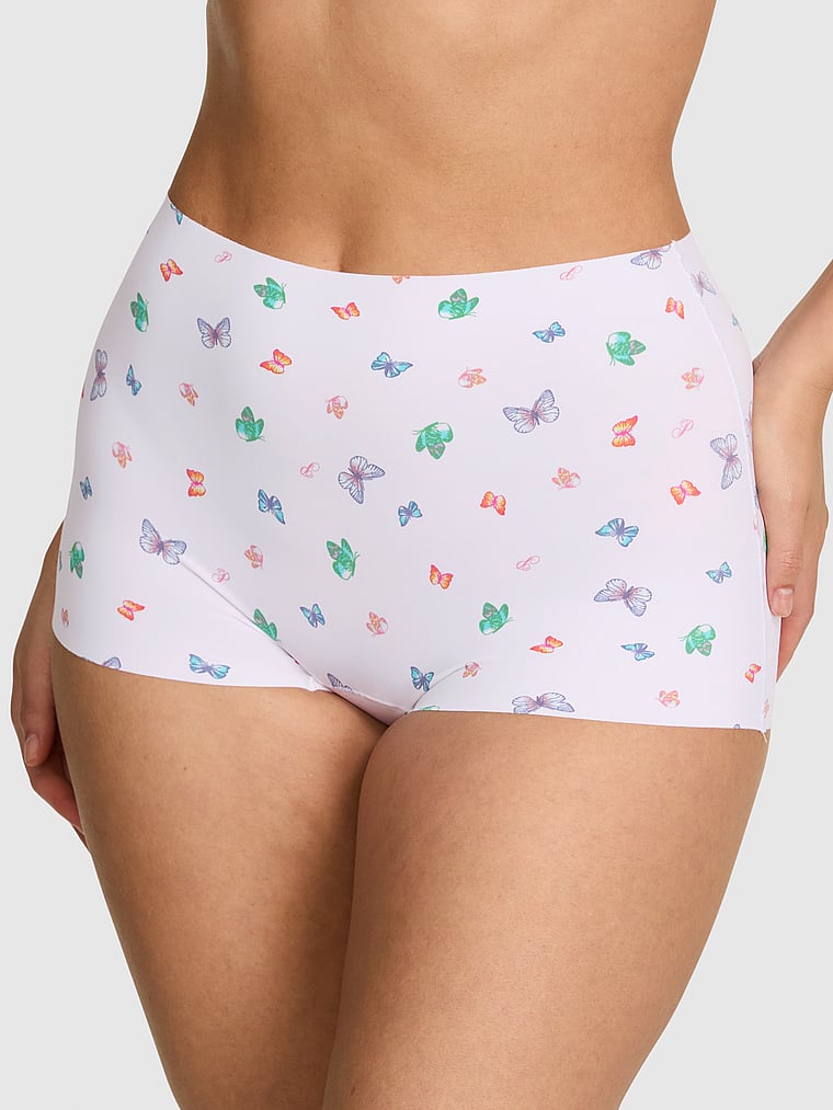 PINK No-Show Mid-Rise Boyshort Panty, White Multi Color Butterfly, onModelFront, 1 of 4 Breanna is 5'8" and wears Large