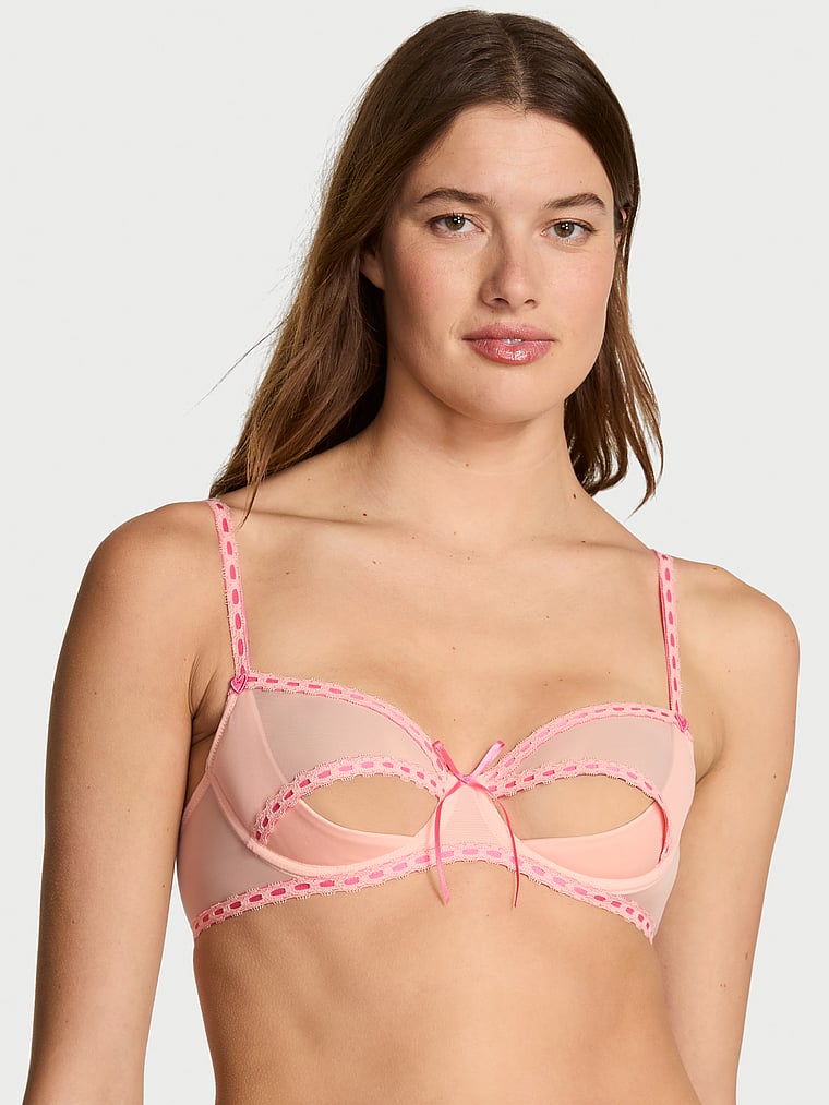 Victoria's Secret, Dream Angels Wicked Unlined Daisy Chain Embroidery Balconette Bra, Peach, onModelFront, 1 of 3