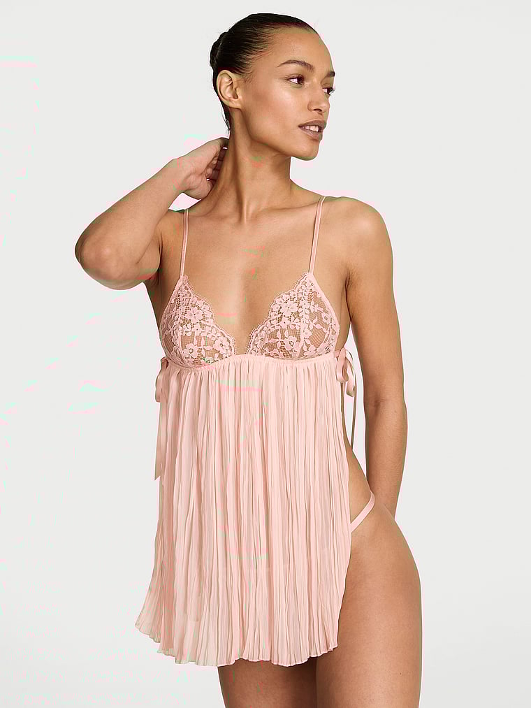 Victoria's Secret, Dream Angels Lace Triangle Pleated Babydoll Set, Purest Pink, onModelFront, 1 of 3 Nikita is 5'10" and wears 34B or Small
