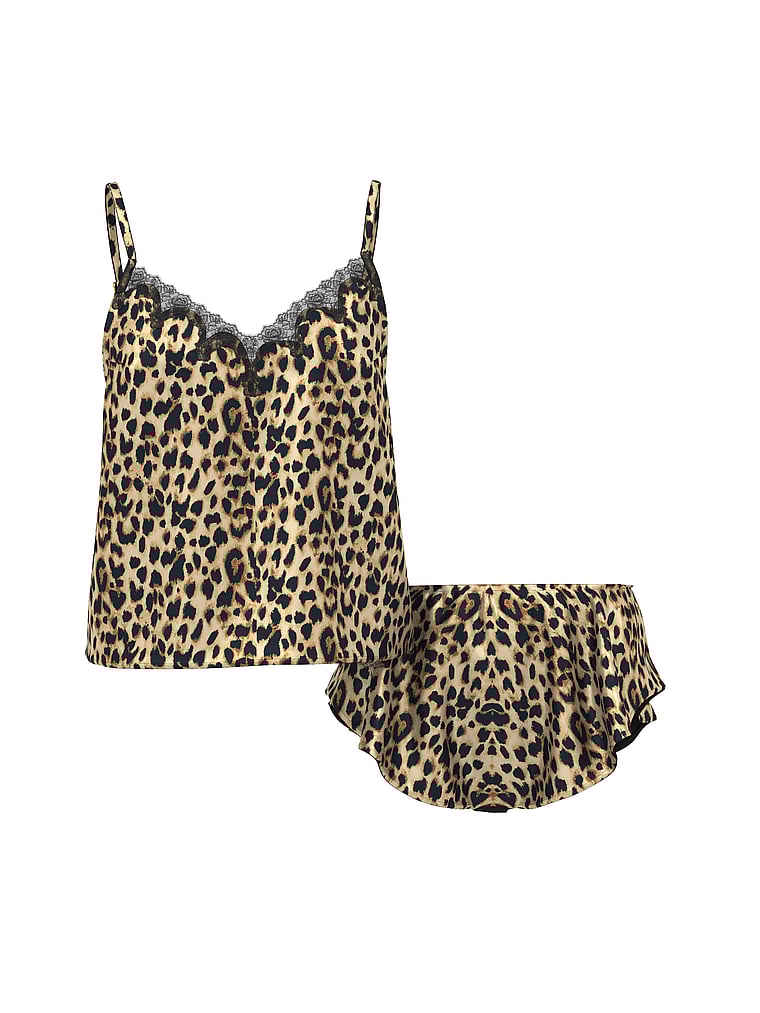 Victoria's Secret, Very Sexy Satin Rose Lace-Trim Cami & Flutter Short Set, Leopard, offModelFront, 3 of 3