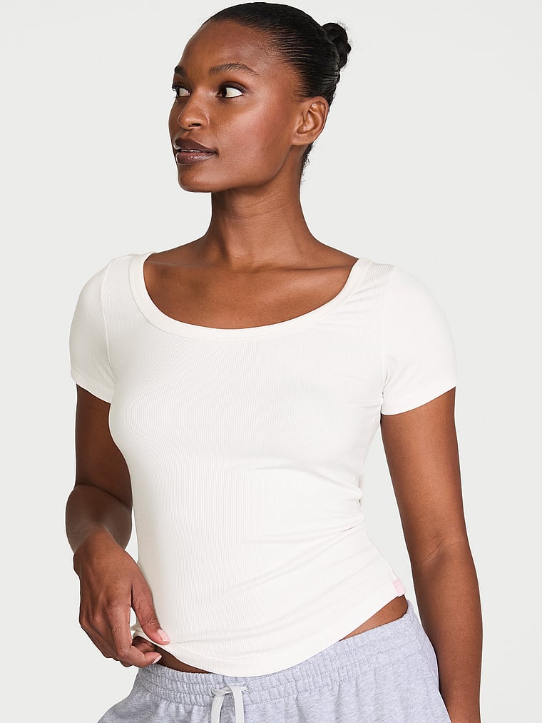 Victoria's Secret, Angel Essentials VS Iconic Rib Scoop Tee, Coconut White, onModelFront, 1 of 3 Tsheca  is 5'9" and wears Small