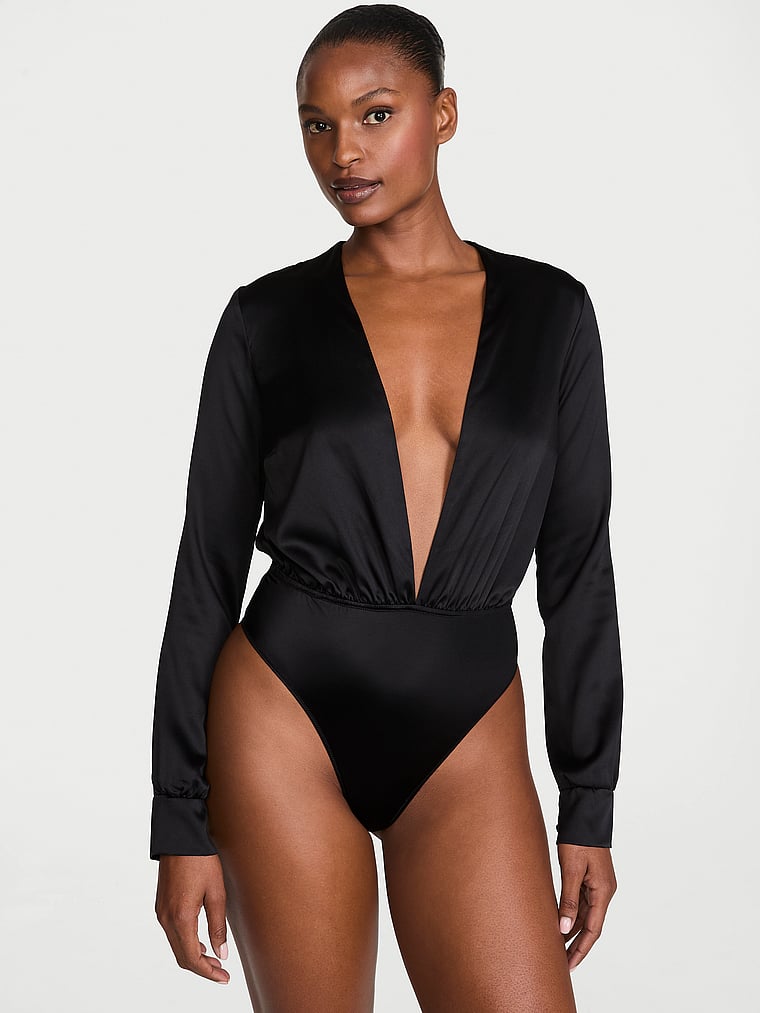 Victoria's Secret, Very Sexy Satin Plunge Blouse Bodysuit, Black, onModelFront, 1 of 4 Tsheca  is 5'9" and wears 34B or Small