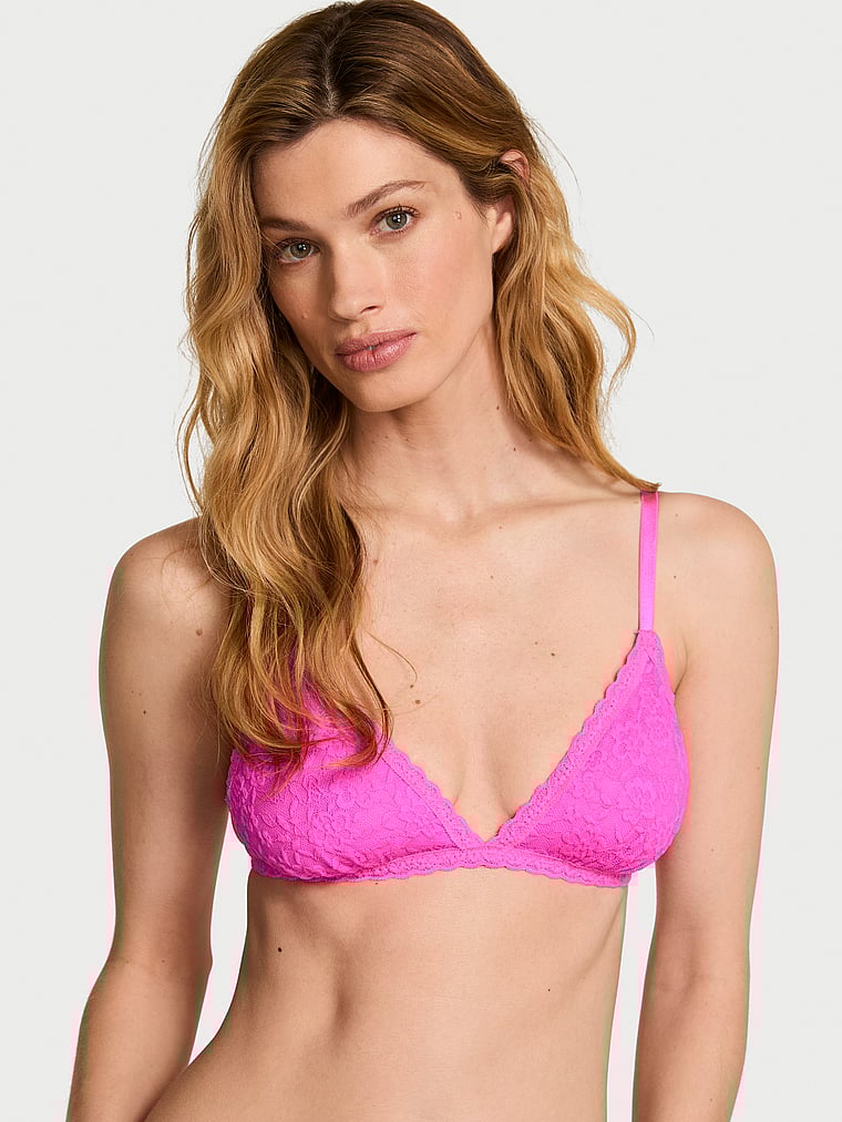 Victoria's Secret, Victoria's Secret Lacie Unlined Triangle Bralette, Neon Princess Pink, onModelFront, 1 of 2 Maggie is 5'7" and wears 32B or Small