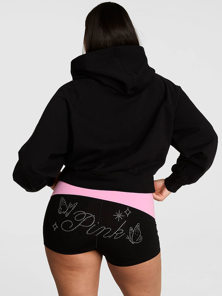 PINK Campus Fleece™ Shrunken Hoodie, Pure Black, onModelBack, 2 of 3 Breanna is 5'8" or 173cm and wears Medium