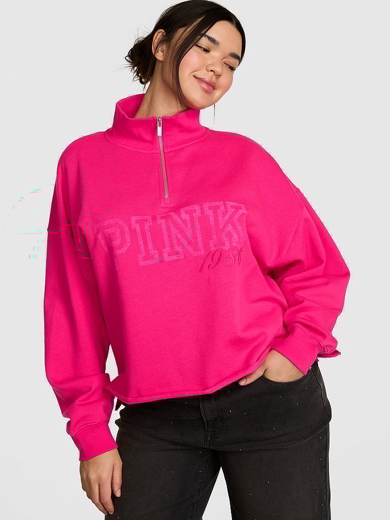 PINK Campus Fleece™ Quarter-Zip Straight-Cut Sweatshirt, Hot Stuff, onModelFront, 1 of 2 Breanna is 5'8" and wears Medium