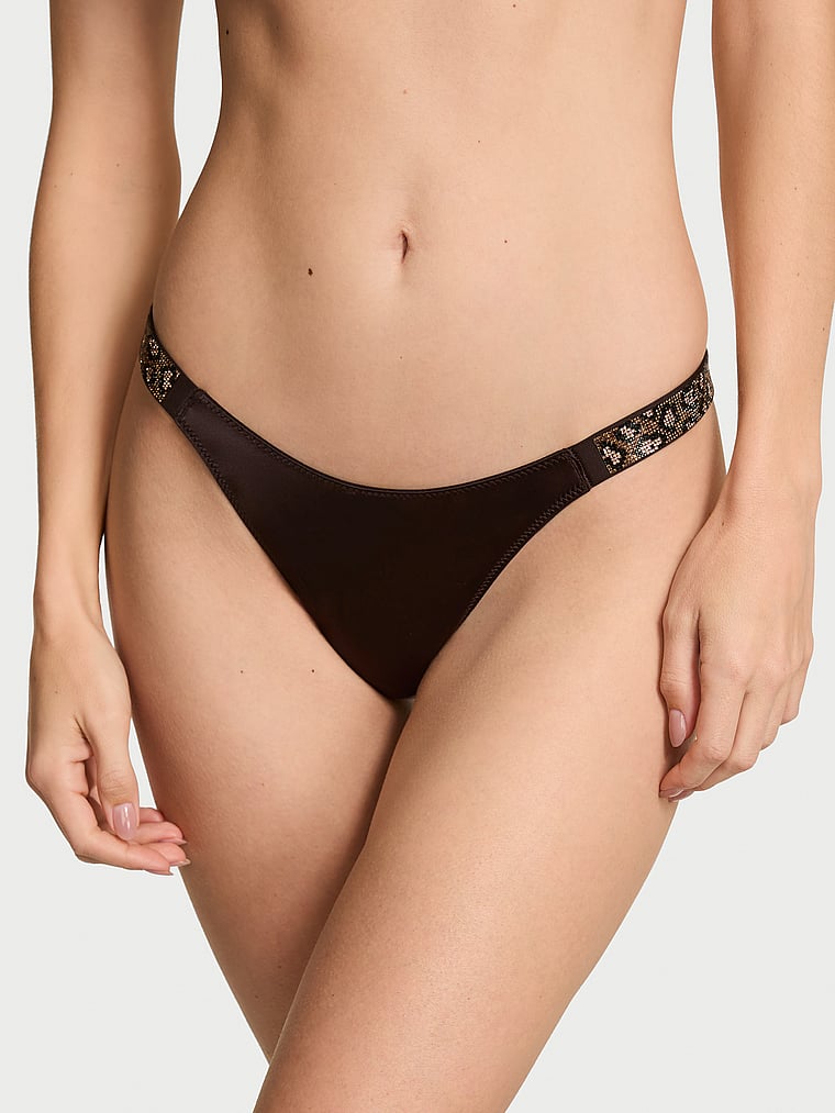 Victoria's Secret, Very Sexy Double Shine Strap Smooth Thong Panty, Dark Cacao Brown, onModelFront, 3 of 4 Maggie is 5'7" and wears Small