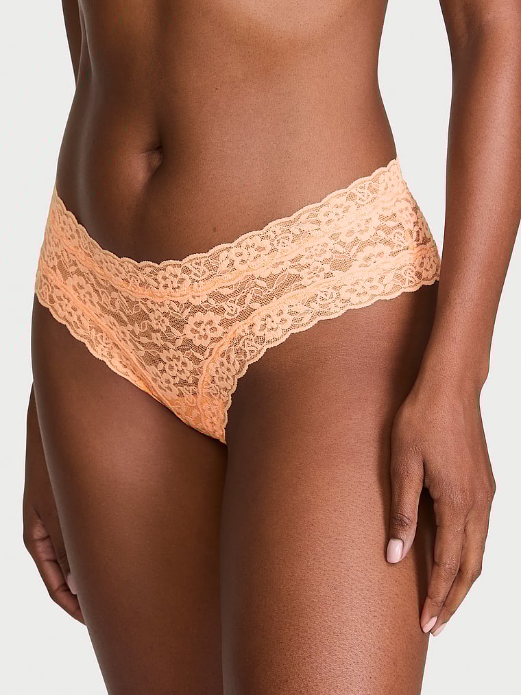 Victoria's Secret, The Lacie Lace Cheeky Panty, Sunlit Apricot, onModelFront, 1 of 3 Tsheca  is 5'9" and wears Small