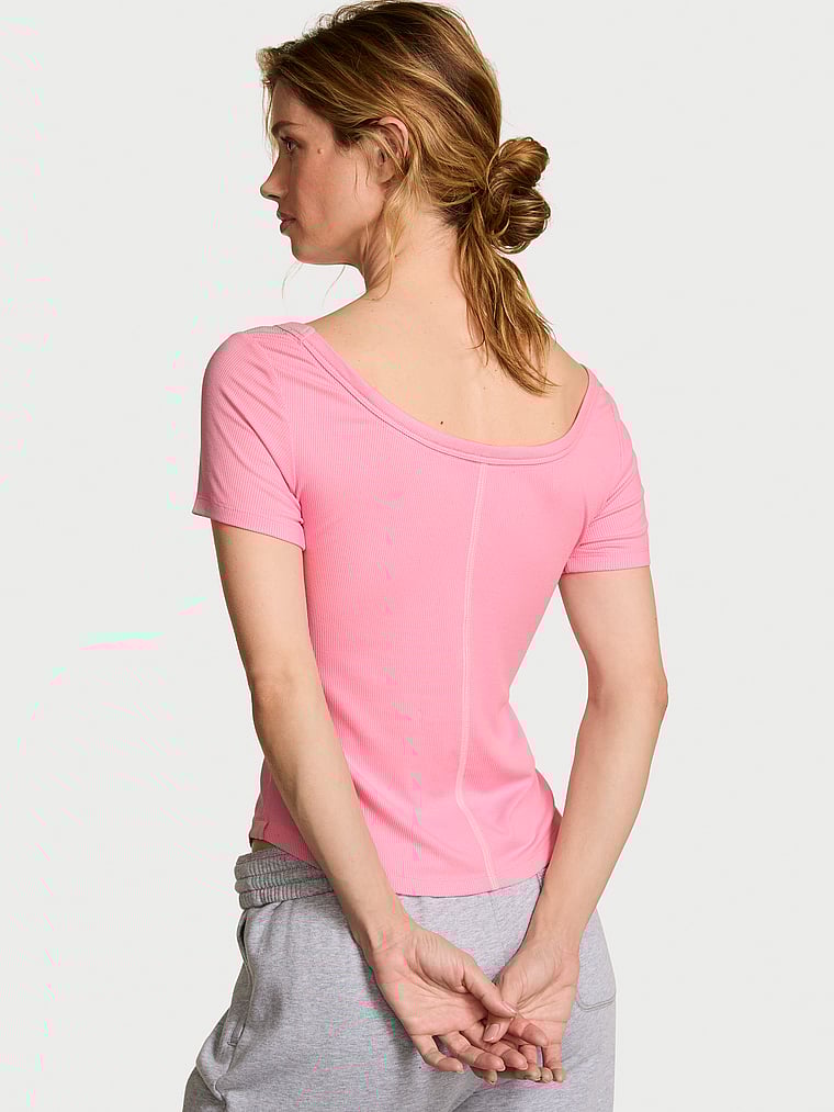 Victoria's Secret, Angel Essentials VS Iconic Rib Scoop Tee, Washed Victoria Pink, onModelSide, 3 of 5