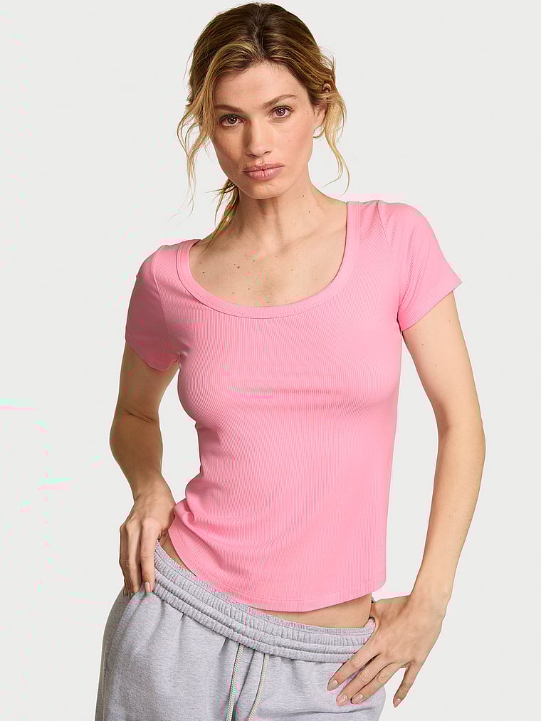 Victoria's Secret, Angel Essentials VS Iconic Rib Scoop Tee, Washed Victoria Pink, onModelBack, 2 of 5