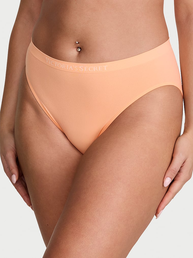 Victoria's Secret, Seamless Seamless High-Leg Brief Panty, Sunlit Apricot, onModelFront, 1 of 3 Lorena is 5'9" and wears Large