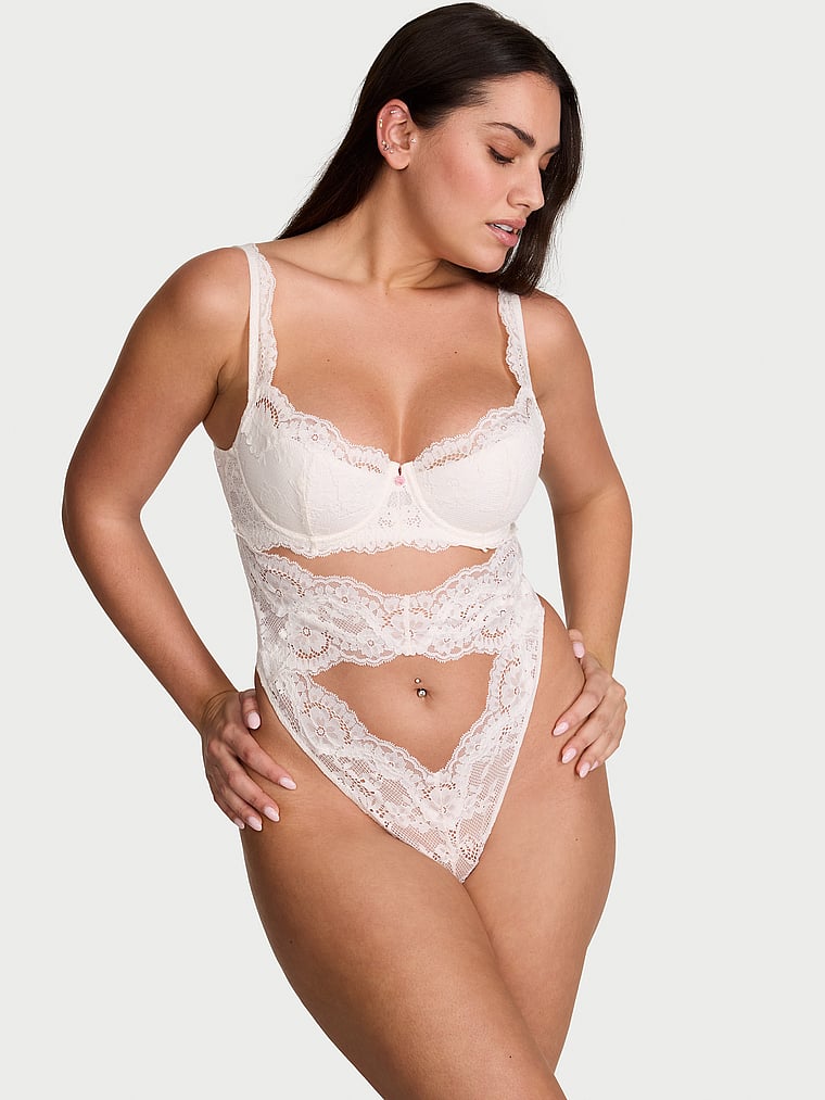 Victoria's Secret, Dream Angels Dare to Dream Lace Uplift Balconette Teddy, Coconut White, onModelFront, 1 of 3 Lorena is 5'9" and wears 34DD (E) or Large