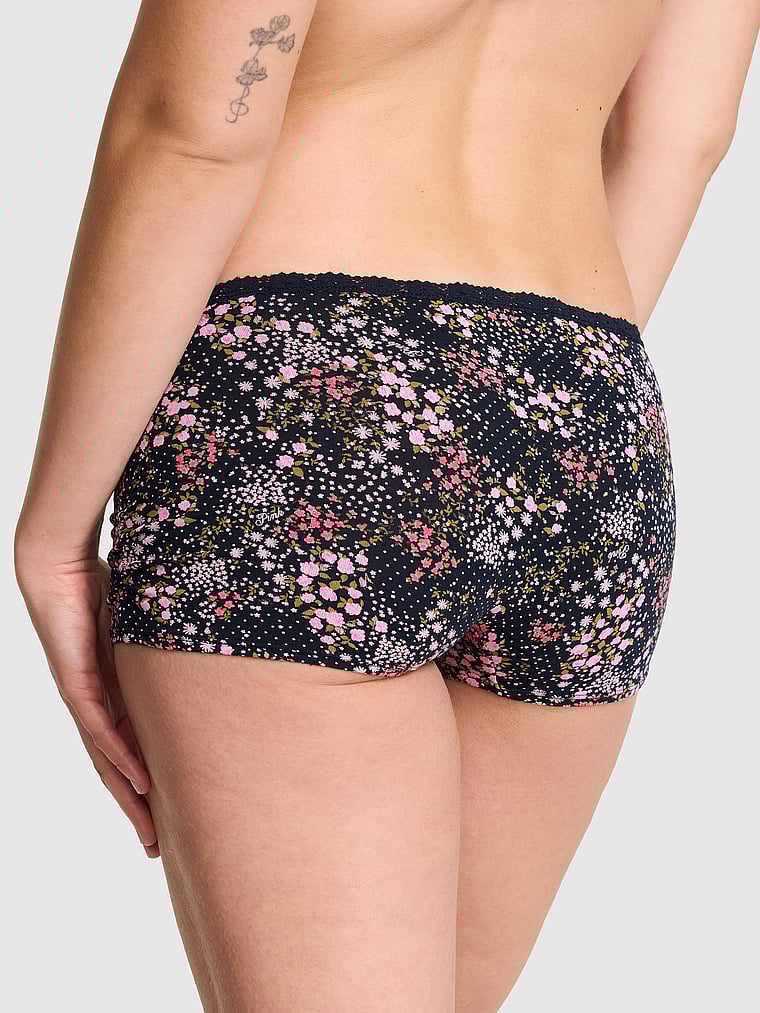 PINK Cotton Dorm Boyshort Panty, Noir Navy Floral Print, onModelBack, 2 of 3 Taylor is 5'8" and wears Small