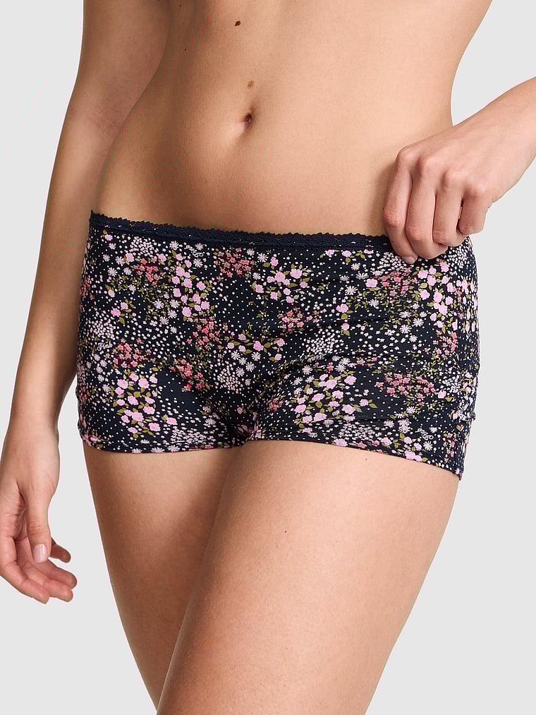 PINK Cotton Dorm Boyshort Panty, Noir Navy Floral Print, onModelFront, 1 of 3 Taylor is 5'8" and wears Small