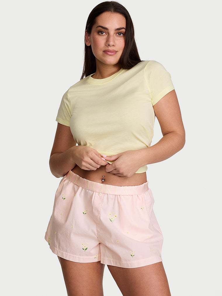 Victoria's Secret, Victoria's Secret Mix & Match Sleep Heritage Cotton Pajama Shorts, Ballet Pink Floral, onModelFront, 1 of 4 Lorena is 5'9" and wears Large