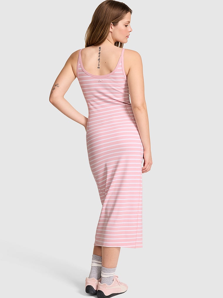 PINK All-Day Soft Rib High-Neck Midi Dress, Dollhouse & White Stripes, onModelBack, 2 of 4 Taylor is 5'8" and wears 32B or Small