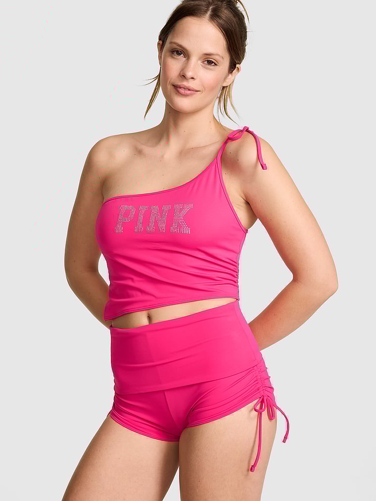 PINK SWIM High-Waisted Foldover Bikini Shortie Bottom, onModelBack, 3 of 4