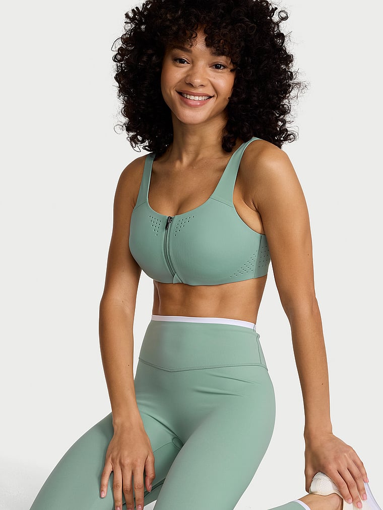 Victoria's Secret, VSX VSX Featherweight Max™ Front-Close Sports Bra, Sage Mist & White, onModelBack, 2 of 3