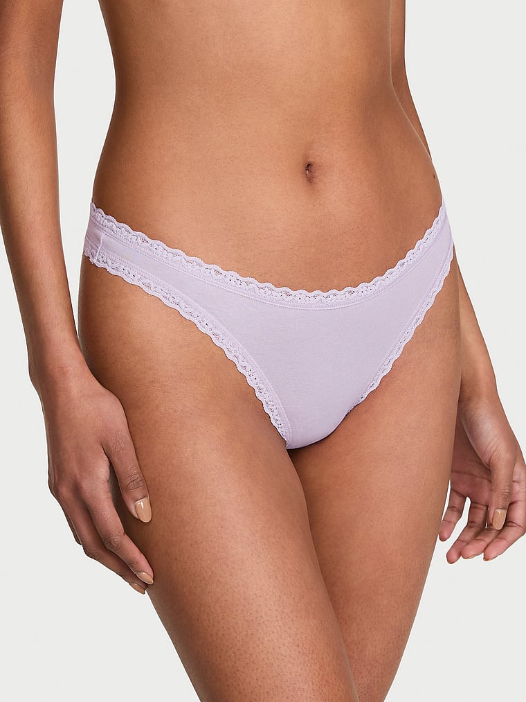 Cotton Pointelle Lace-Waist Thong