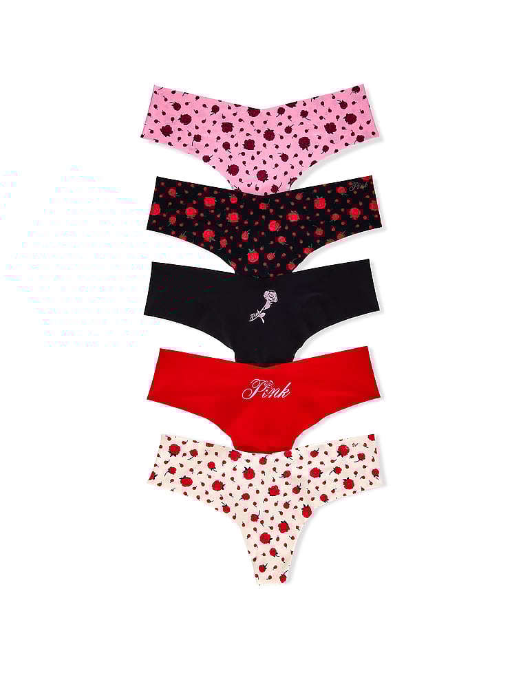 PINK 5-Pack No-Show Thong Panties, Rose Floral Pack, offModelFront, 1 of 1